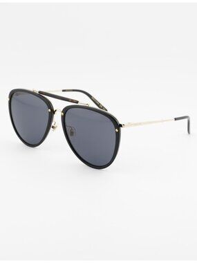 Gucci GG0672S 001 Sunglasses Black Gold Aviator Frame, Grey Lenses
